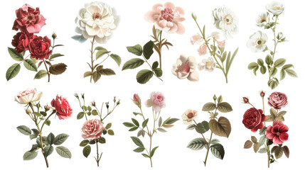 A collection of flowers. Sketches of blossoms with stalks and leaves. transparent, isolated set of different florets. A bush of wild roses. A spring yellow bloom twig. Watercolor painting. PNG File