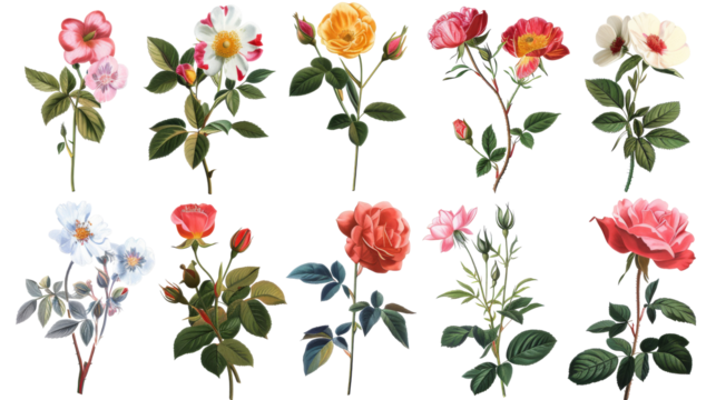 A collection of flowers. Sketches of blossoms with stalks and leaves. transparent, isolated set of different florets. A bush of wild roses. A spring yellow bloom twig. Watercolor painting. PNG File