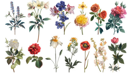 A collection of flowers. Sketches of blossoms with stalks and leaves. transparent, isolated set of different florets. A bush of wild roses. A spring yellow bloom twig. Watercolor painting. PNG File