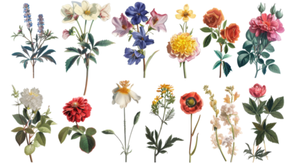 A collection of flowers. Sketches of blossoms with stalks and leaves. transparent, isolated set of different florets. A bush of wild roses. A spring yellow bloom twig. Watercolor painting. PNG File