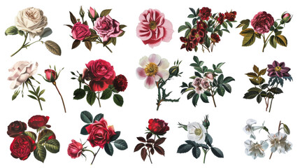 A collection of flowers. Sketches of blossoms with stalks and leaves. transparent, isolated set of different florets. A bush of wild roses. A spring yellow bloom twig. Watercolor painting. PNG File