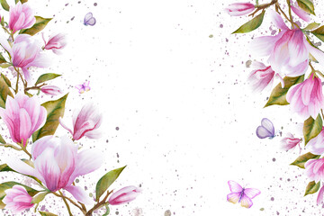 Watercolor illustration with blooming pink magnolia flowers and branches. Spring or summer flowers for invitation, wedding or greeting cards