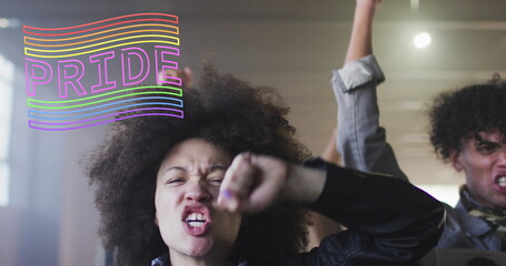 Fototapeta premium Image of rainbow pride over diverse protesters with banners
