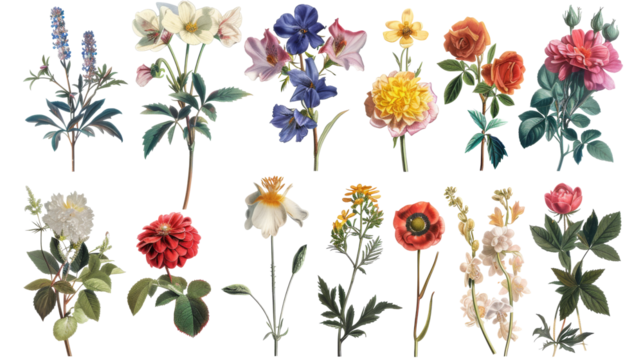 A collection of flowers. Sketches of blossoms with stalks and leaves. transparent, isolated set of different florets. A bush of wild roses. A spring yellow bloom twig. Watercolor painting. PNG File