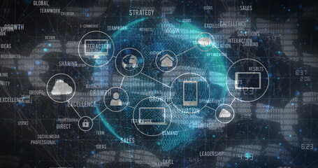 Image of data processing over chains and media icons