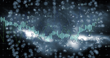 Image of data processing over globe with icons