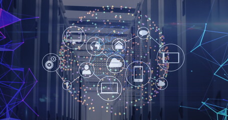 Image of data processing and globe with icons over server room