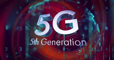 Poster Image of silver text 5g 5th generation, with glowing globe and data processing on red background © vectorfusionart