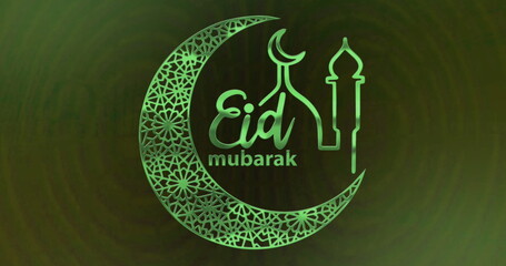 Fototapeta premium Image of text eid mubarak, with mosque and crescent moon design, in green light