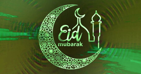 Image of text eid mubarak, with mosque and crescent moon design, in green light