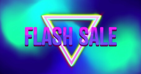 Image of purple and pink text flash sale with colourful triangles, over green and blue blurs