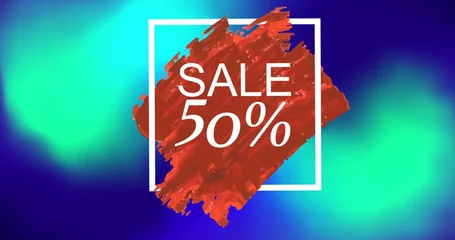 Fotobehang Image of text sale 50 percent in white square on red paint, over blue and green blurs © vectorfusionart