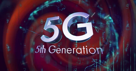 Fotobehang Image of silver text 5g 5th generation, with glowing globe and data processing on red background © vectorfusionart