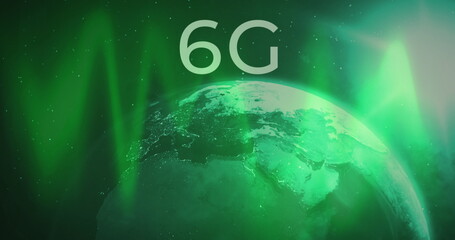 Image of silver text 6g, with green lights and rotating globe on dark background