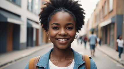 Portrait of a confident black african young female university college student in the middle of city street smiling looking at camera from Generative AI - obrazy, fototapety, plakaty