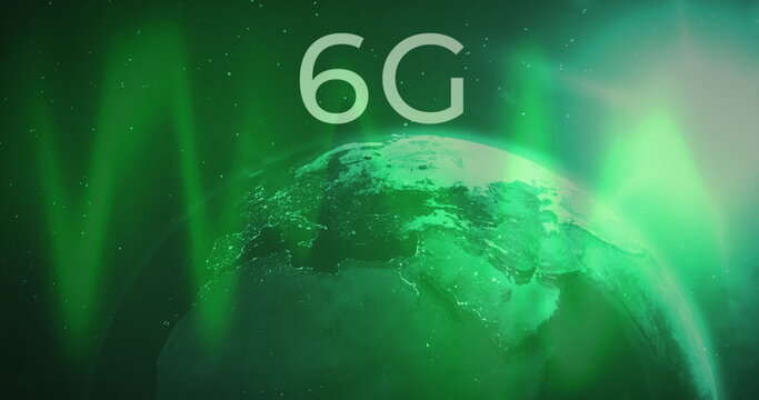 Image of silver text 6g, with green lights and rotating globe on dark background - Powered by Adobe