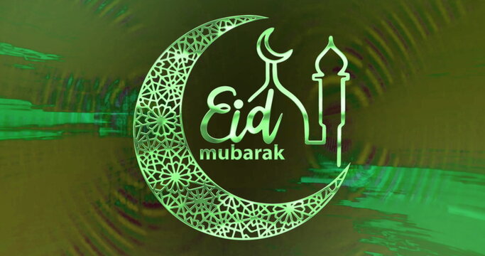 Image of text eid mubarak, with mosque and crescent moon design, in green light - Powered by Adobe