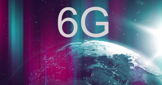 Image of silver text 6g, with rotating globe and red and green beams of light - Powered by Adobe