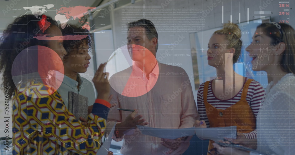 Poster image of data processing over diverse business people discussing work
