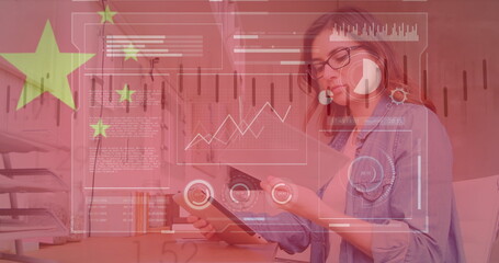 Image of data processing and flag of china over caucasian businesswoman using tablet