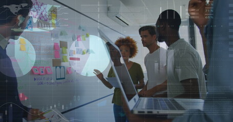 Image of data processing over diverse business people discussing work