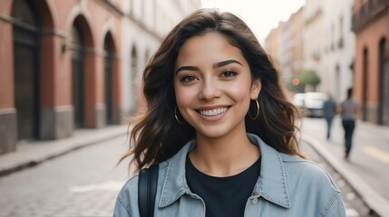 Portrait of a confident hispanic young female university college student in the middle of city street smiling looking at camera from Generative AI