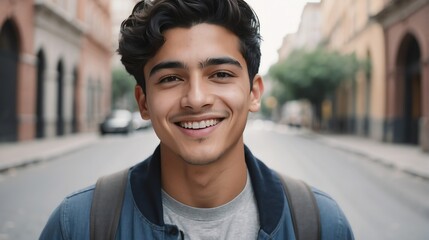 Portrait of a confident hispanic young male university college student in the middle of city street smiling looking at camera from Generative AI - obrazy, fototapety, plakaty
