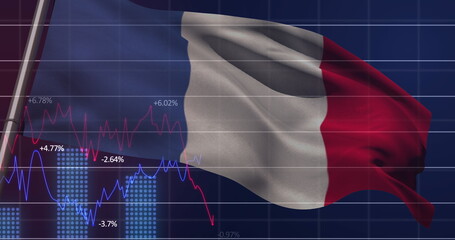 Image of waving france flag over financial data processing