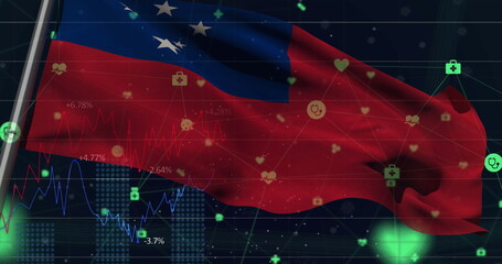 Image of waving samoa flag over financial data processing