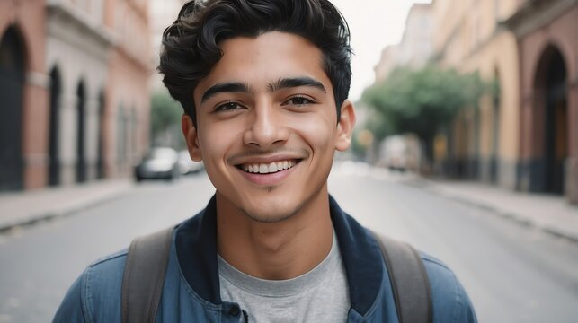 Fototapeta Portrait of a confident hispanic young male university college student in the middle of city street smiling looking at camera from Generative AI