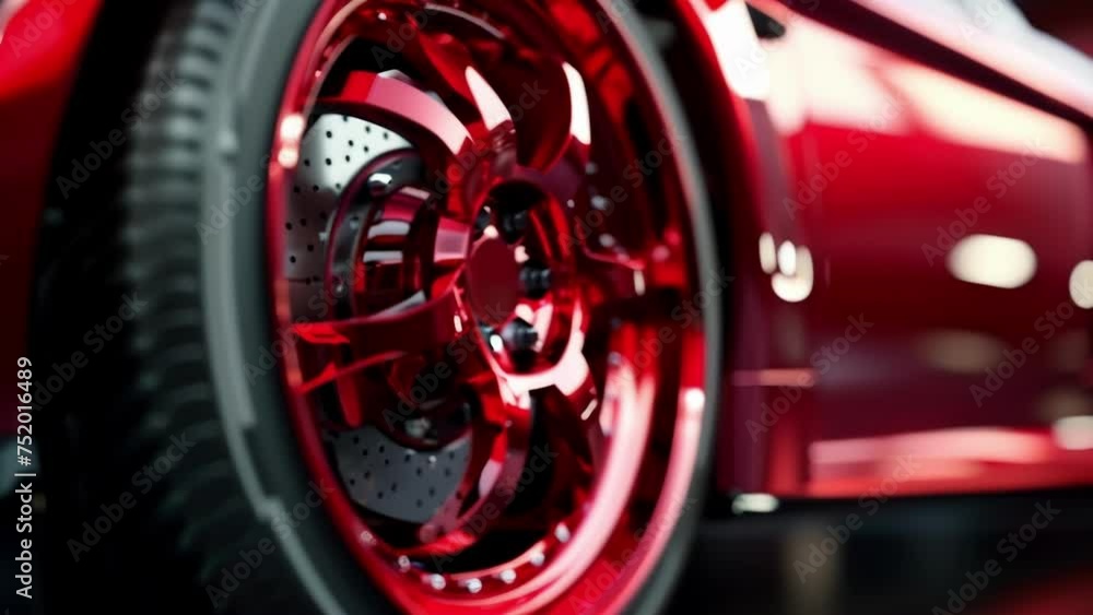 Poster the camera focuses on the red coloring of the brake caliper adding a pop of color to the otherwise m