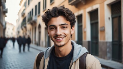 Fototapeta premium Portrait of a confident italian young male university college student in the middle of city street smiling looking at camera from Generative AI