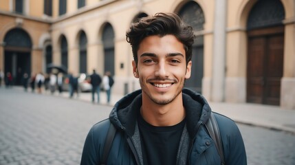 Portrait of a confident italian young male university college student in the middle of city street smiling looking at camera from Generative AI