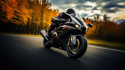 Naklejka premium Photo of a rider on a sports motorcycle on an asphalt road. An atmosphere of speed and power. Generative AI