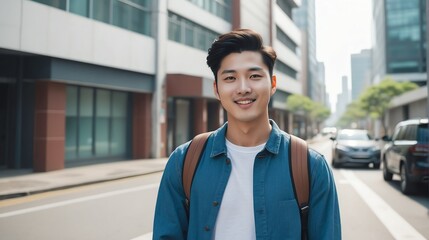 Portrait of a confident korean young male university college student in the middle of a city street smiling looking at camera from Generative AI