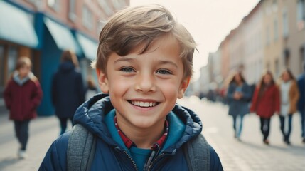 Portrait of a happy caucasian young boy kindergarten student in the middle of a city street smiling looking at camera from Generative AI