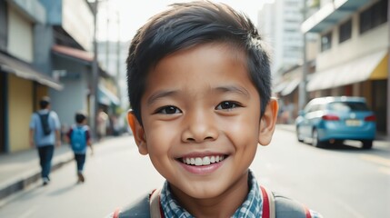 Portrait of a happy filipino young boy kindergarten student in the middle of a city street smiling looking at camera from Generative AI