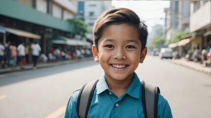 Portrait of a happy filipino young boy kindergarten student in the middle of a city street smiling looking at camera from Generative AI