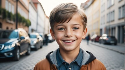 Portrait of a happy german young boy kindergarten student in the middle of a city street smiling looking at camera from Generative AI - obrazy, fototapety, plakaty