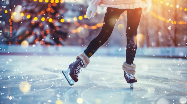 A close-up of a woman, clad in black tights and a knitted sweater, gracefully skating on an ice rink as gentle snowflakes fall around her