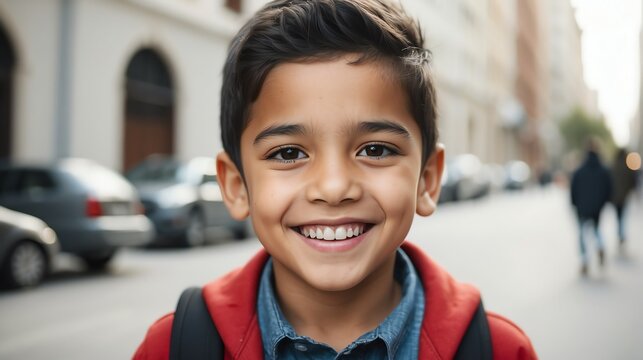 Fototapeta Portrait of a happy hispanic young boy kindergarten student in the middle of a city street smiling looking at camera from Generative AI