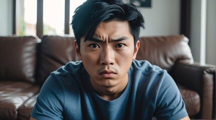 Obraz premium Angry frustrated asian young male man staring at the camera on a living room home background from Generative AI