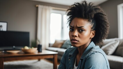 Angry frustrated black african young female woman staring at the camera on a living room home background from Generative AI - obrazy, fototapety, plakaty