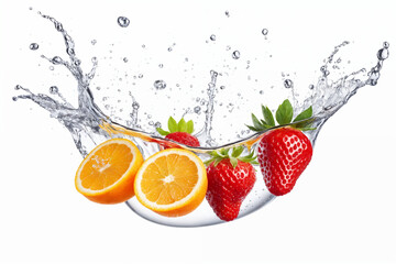 Strawberries and oranges falling into water. Generative Ai