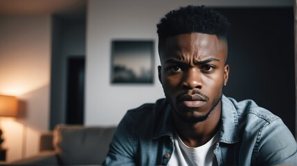 Angry frustrated black african young male man staring at the camera on a living room home background from Generative AI - obrazy, fototapety, plakaty
