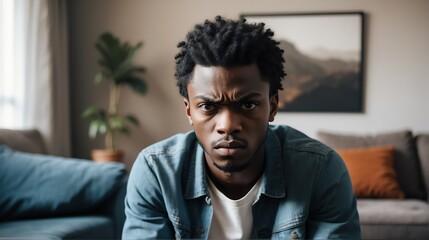 Angry frustrated black african young male man staring at the camera on a living room home background from Generative AI - obrazy, fototapety, plakaty