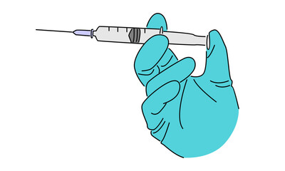 line art color of gloved hand holding syringe