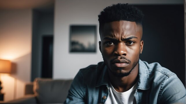 Angry frustrated black african young male man staring at the camera on a living room home background from Generative AI