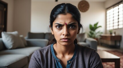 Angry frustrated indian young female woman staring at the camera on a living room home background from Generative AI - obrazy, fototapety, plakaty