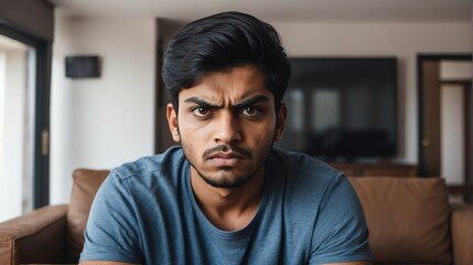 Angry frustrated indian young male man staring at the camera on a living room home background from Generative AI - obrazy, fototapety, plakaty